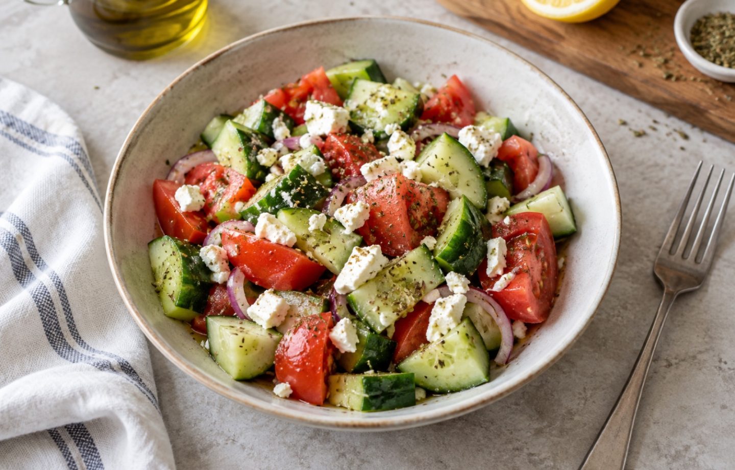 Gurken-Tomaten-Salat mit Feta – Serviervorschlag