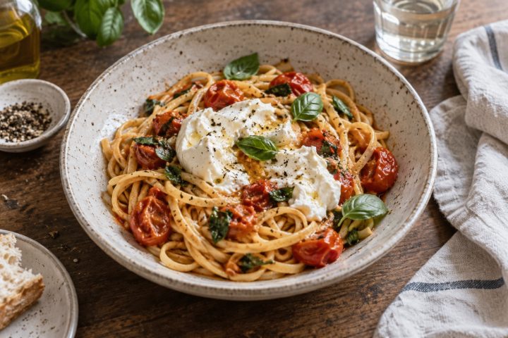Pasta mit Tomaten und Burrata – Serviervorschlag