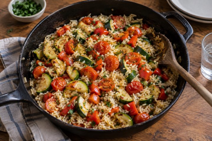 Zucchini-Pfanne mit Reis – Serviervorschlag