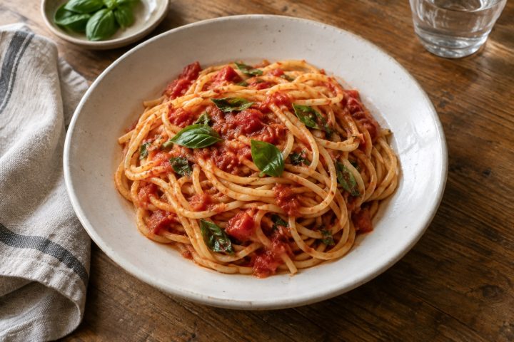 Spaghetti mit Tomate und Basilikum – Serviervorschlag